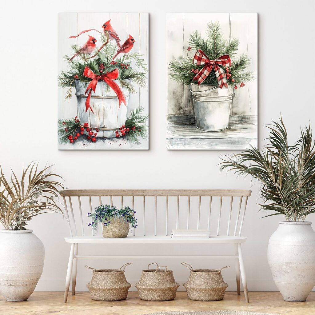 Two watercolor paintings of birds and a bucket of plants