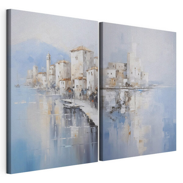 Lámina modular sobre lienzo Lámina modular sobre lienzo Cuadro en el que se representa una ciudad y una masa de agua (SKU: m00997)