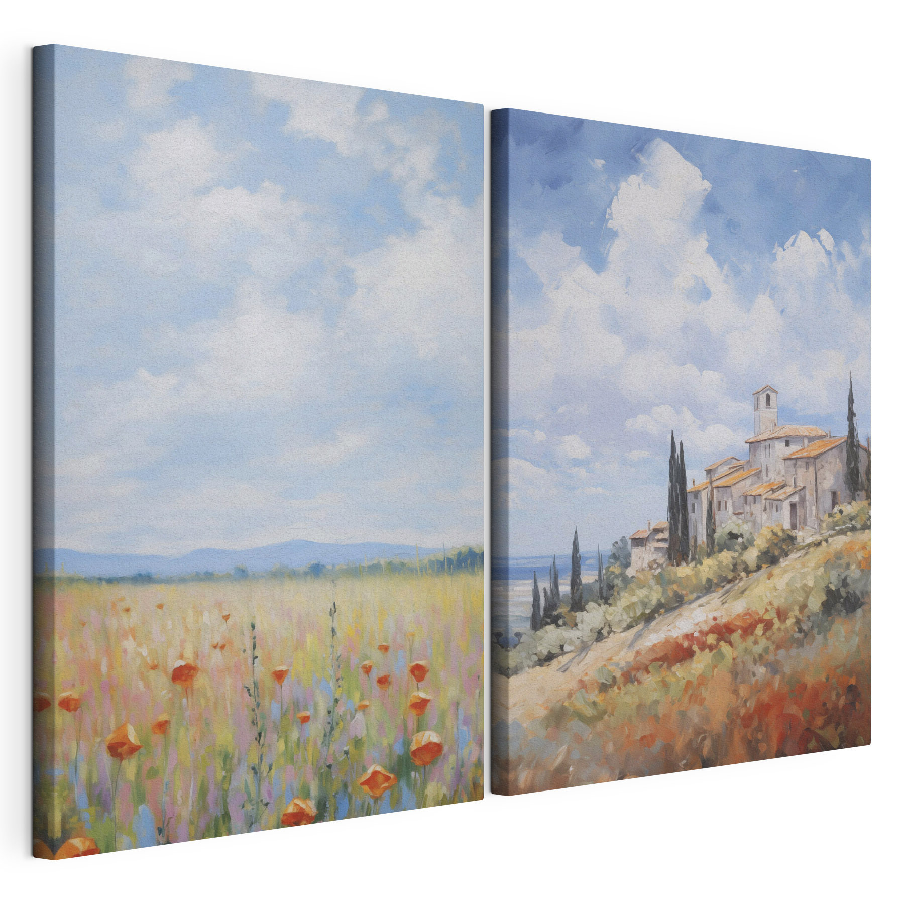 Painting of a landscape with a building and a field of flowers