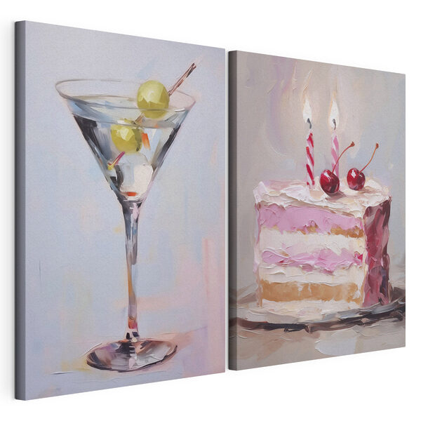 Lámina modular sobre lienzo Lámina modular sobre lienzo Cuadro en el que aparecen una tarta y una copa de martini con fruta (SKU: m01019)