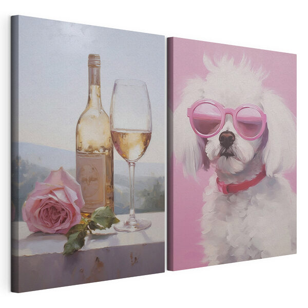 Lámina modular sobre lienzo Lámina modular sobre lienzo Cuadro en el que aparecen un perro y una copa de vino (SKU: m01021)