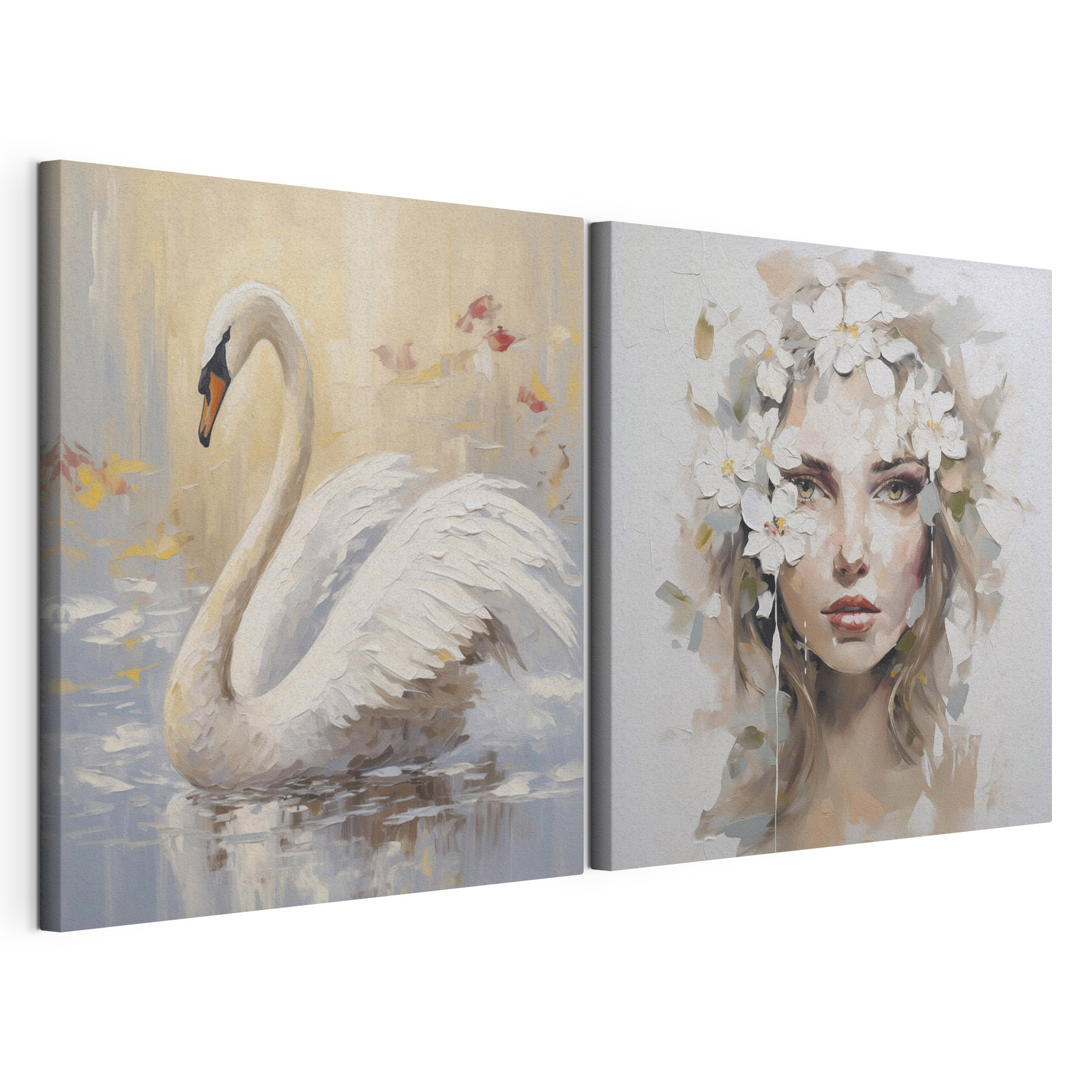 Painting of a woman with flowers in her hair and a swan
