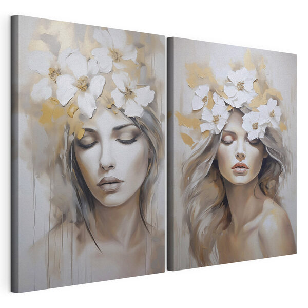 Lámina modular sobre lienzo Cuadro de una mujer con flores en la cabeza
