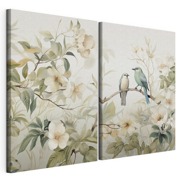 Lámina modular sobre lienzo Lámina modular sobre lienzo Dos pájaros en una rama con flores (SKU: m01071)