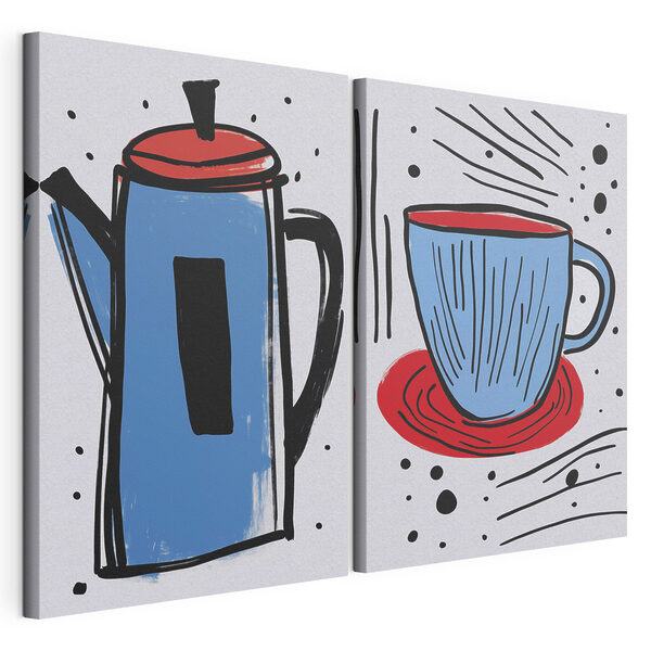 Lámina modular sobre lienzo Dibujo de una cafetera y una taza