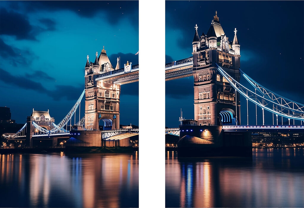 Bridge with towers and towers at night