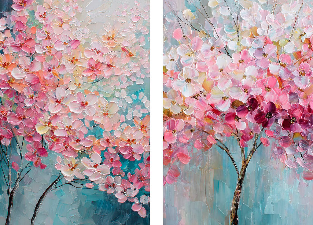 Painting of a tree with pink flowers