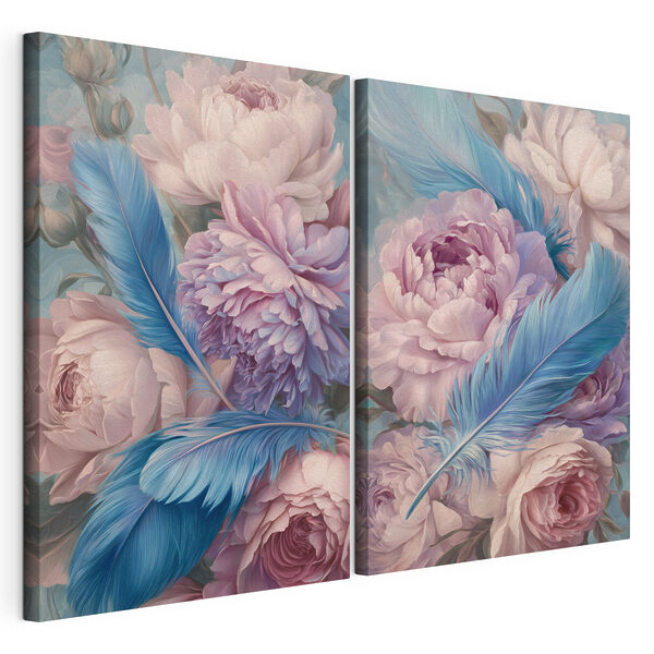 Lámina modular sobre lienzo Delicadas flores con detalles de plumas