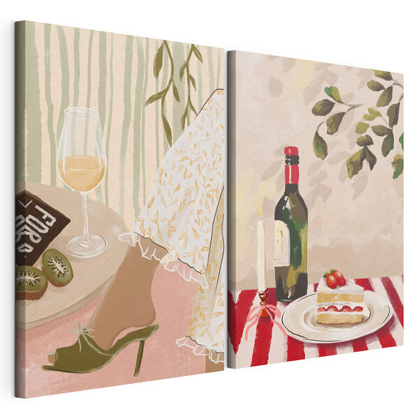 Lámina modular sobre lienzo Lámina modular sobre lienzo Cuadro en el que se ven los pies de una mujer y una tarta sobre una mesa (SKU: m30105)