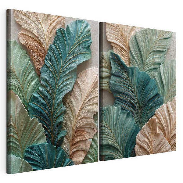 Lámina modular sobre lienzo Composición artística de hojas verdes y beige