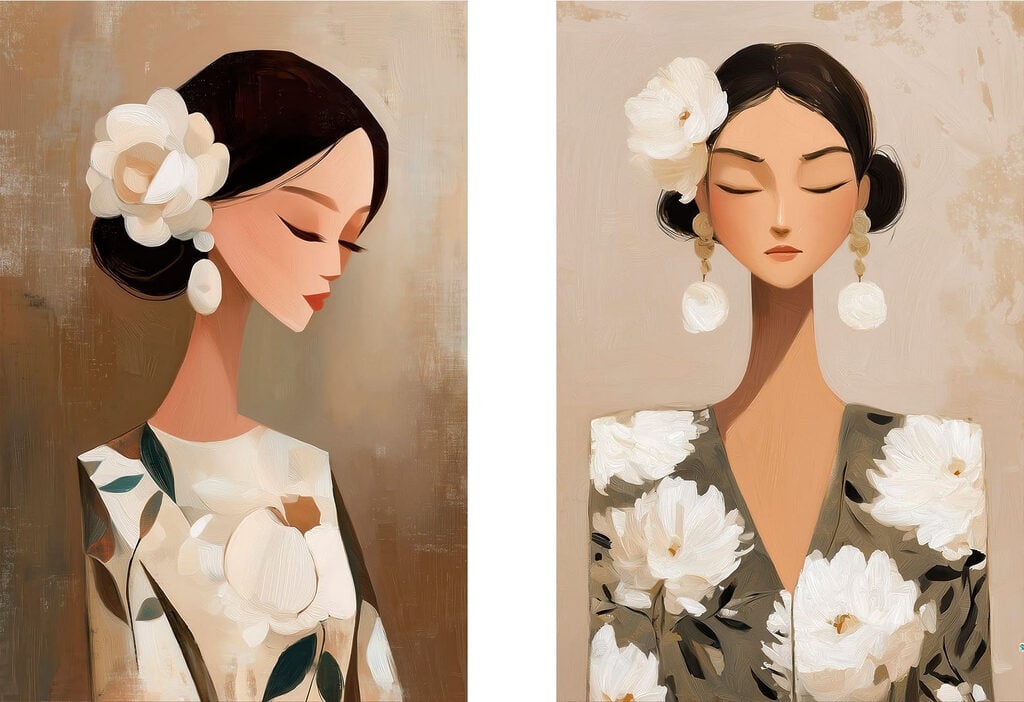 Collage of a woman with flowers in her hair