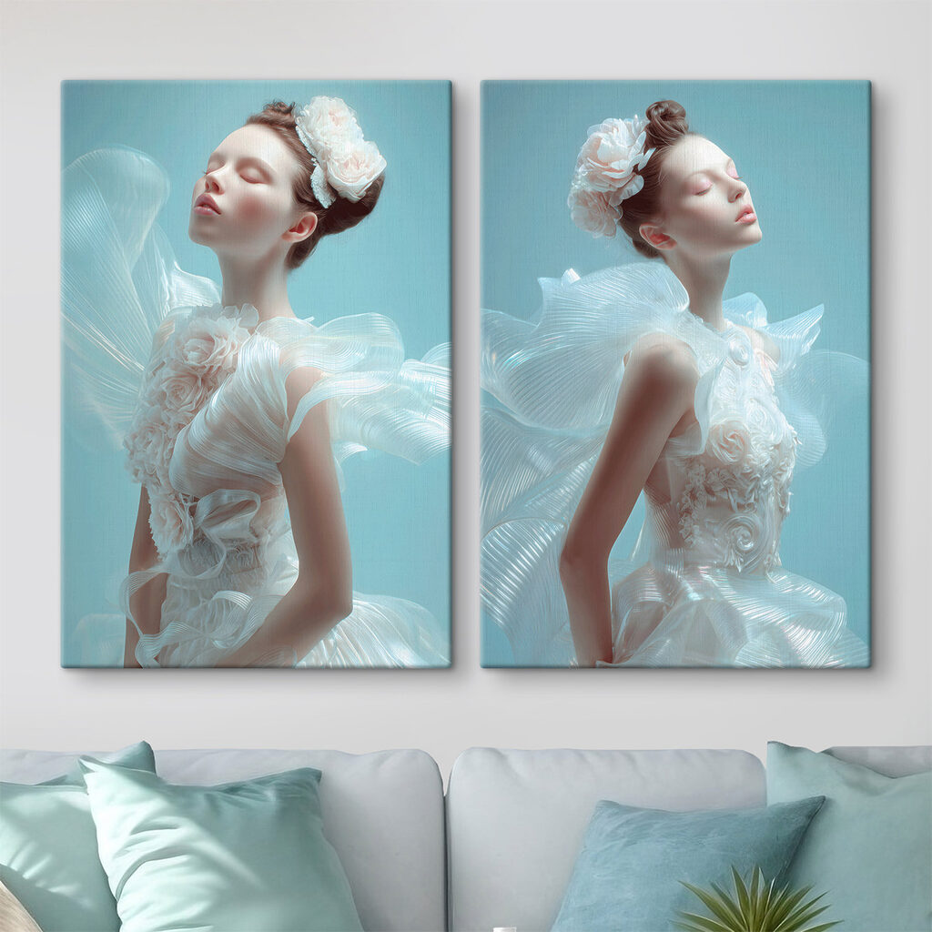 Collage of a woman in a white dress