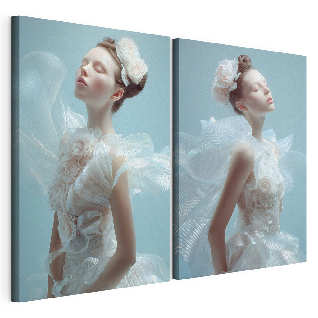 Collage of a woman in a white dress