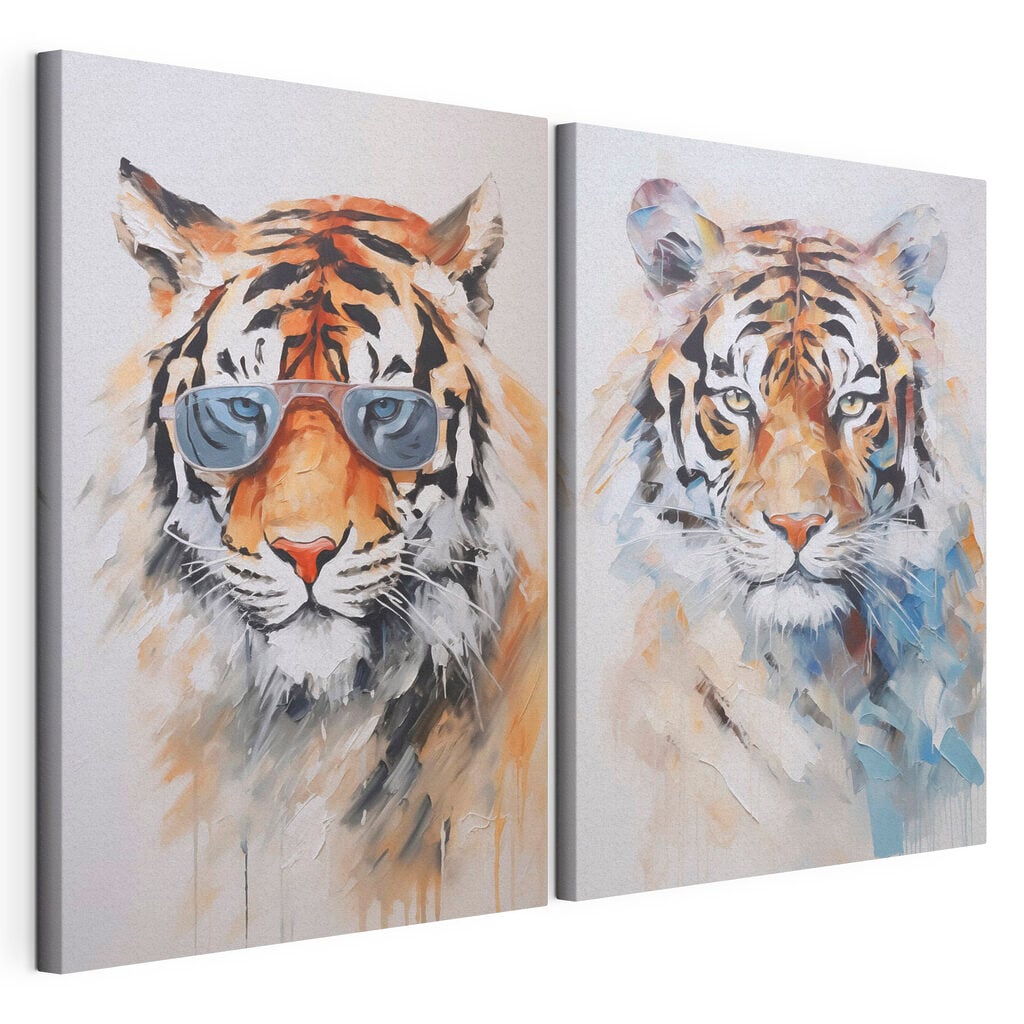 Two pictures of tigers wearing sunglasses