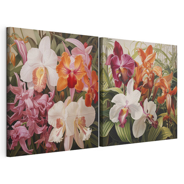 Lámina modular sobre lienzo Orquídeas de colores en una exposición llena de vida