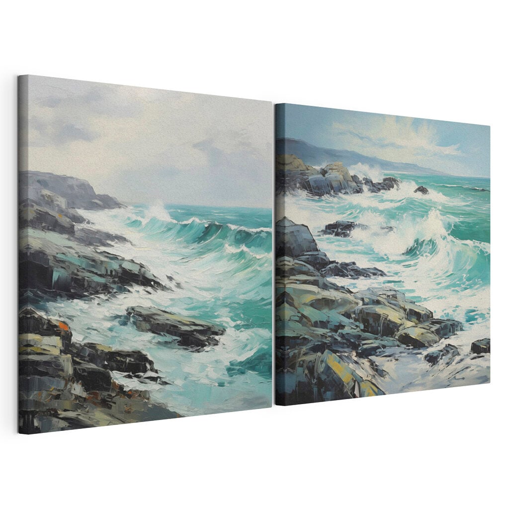 Painting of waves crashing on rocks