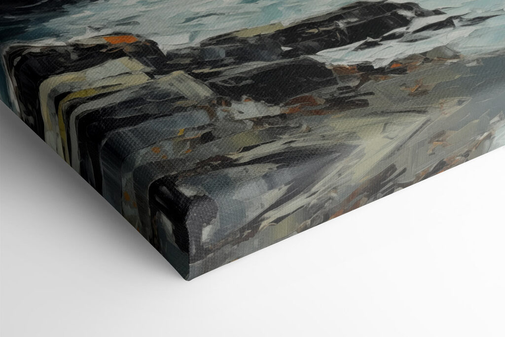 Painting of waves crashing on rocks