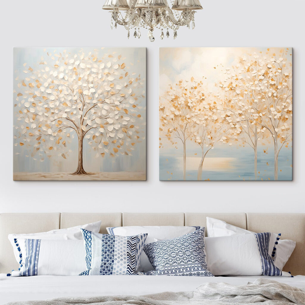 Two paintings of trees with leaves