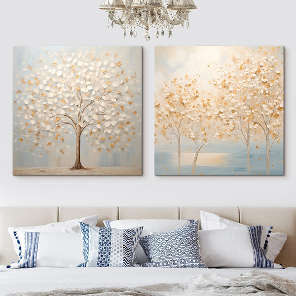 Two paintings of trees with leaves