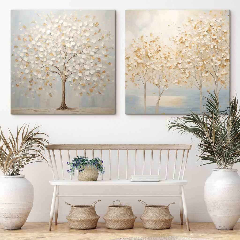 Two paintings of trees with leaves