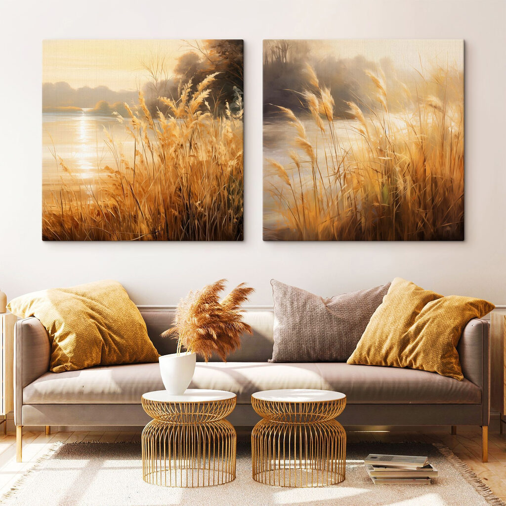 Painting of a river and a field of grass