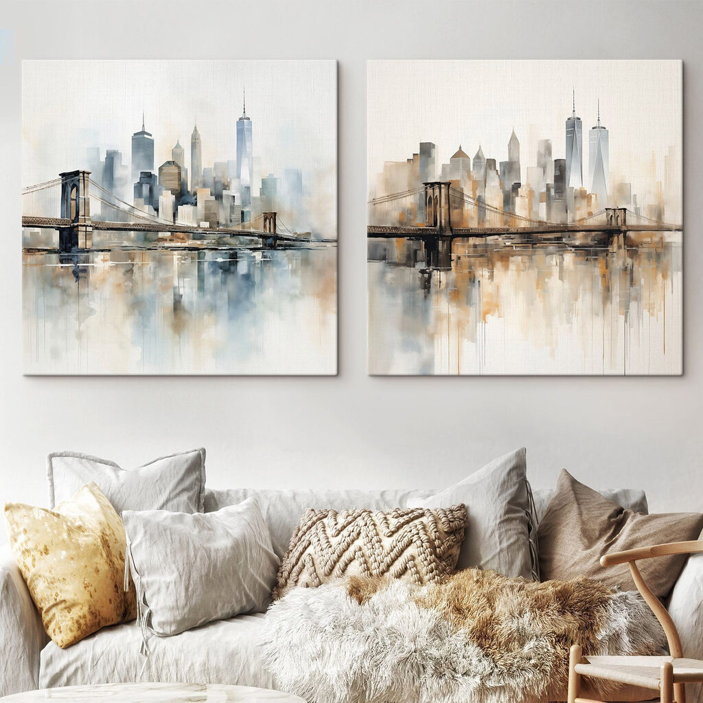 Painting of a city and a bridge