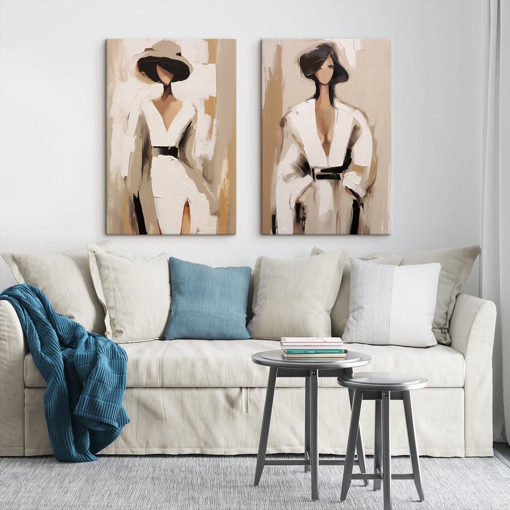 Two paintings of a woman in white