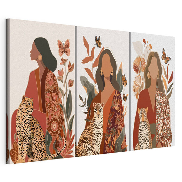 Lámina modular sobre lienzo Mujer sentada junto a un guepardo