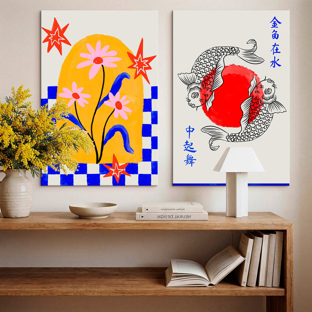 Two cards with flowers and fish