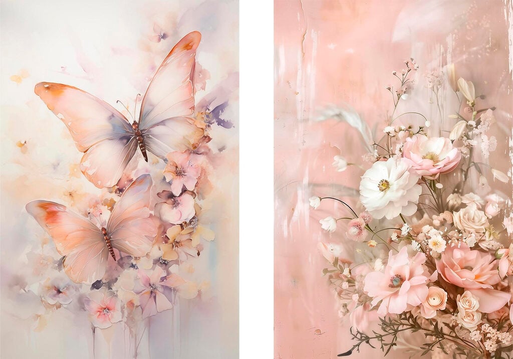 Two paintings of flowers and butterflies