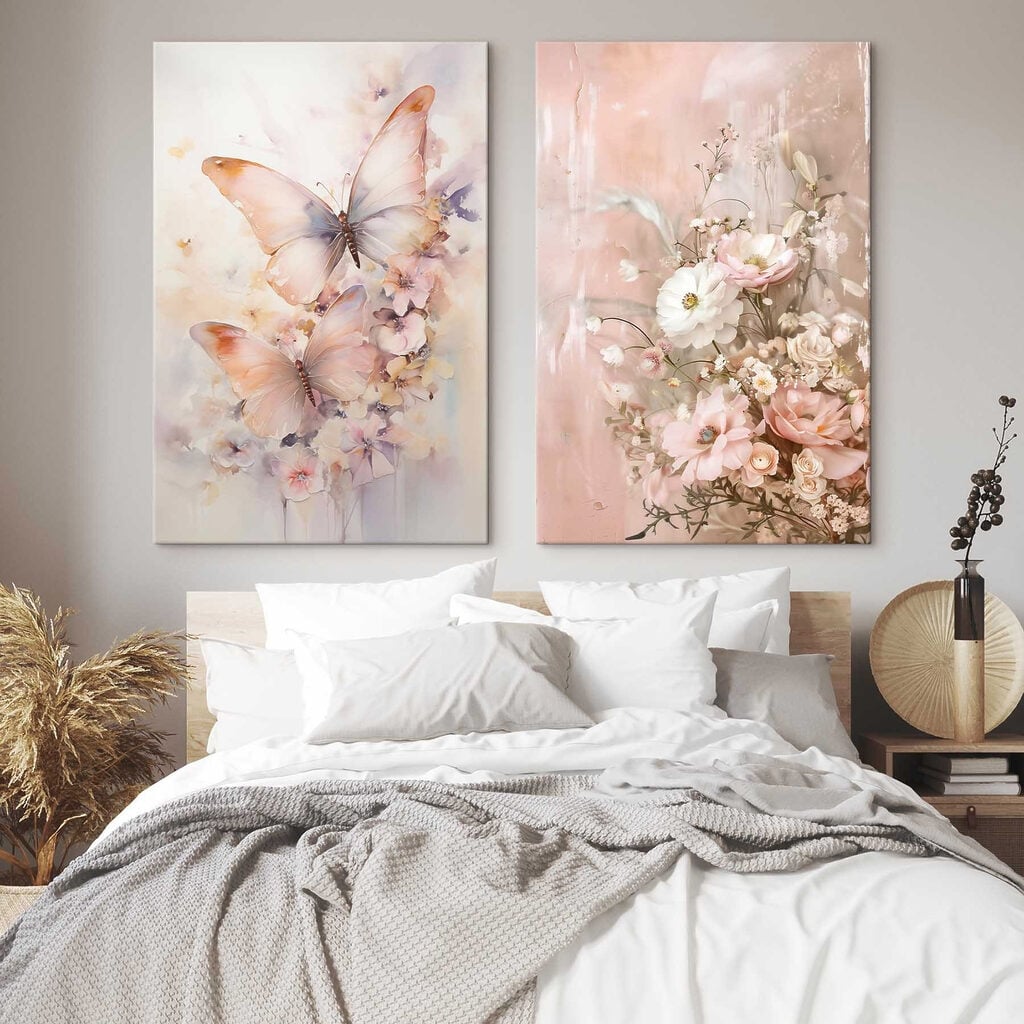Two paintings of flowers and butterflies