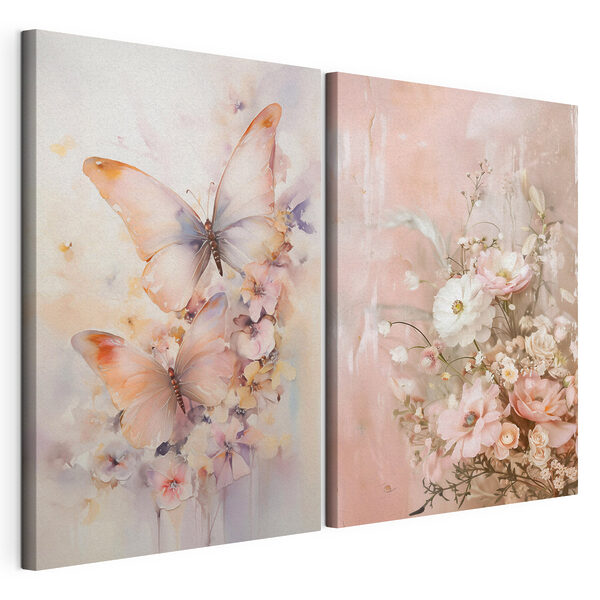 Lámina modular sobre lienzo Lámina modular sobre lienzo Dos cuadros de flores y mariposas (SKU: m30267)