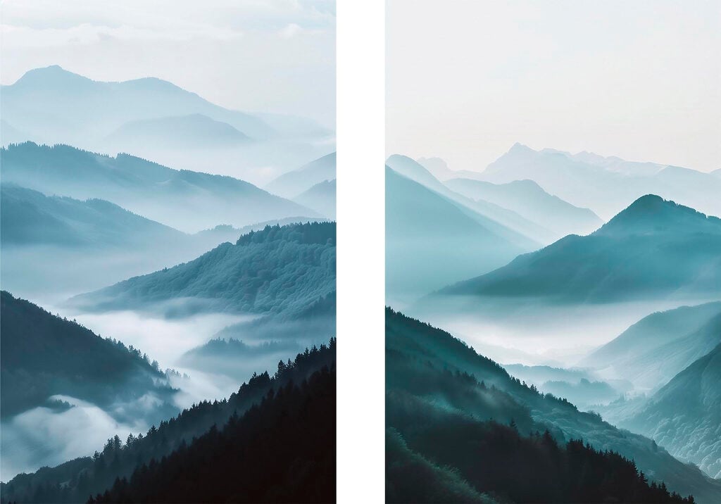 Collage of mountains with fog
