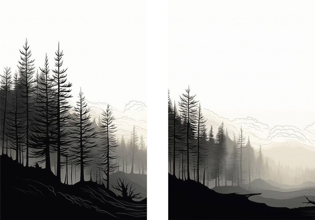 Black and white image of a forest