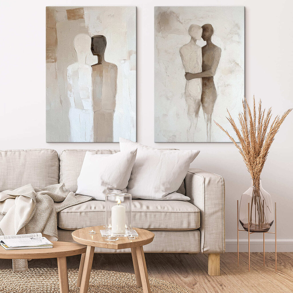 Two paintings of people hugging each other