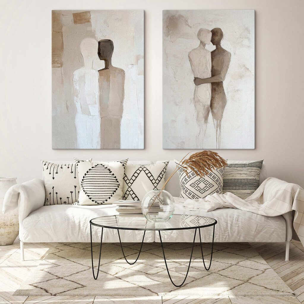 Two paintings of people hugging each other