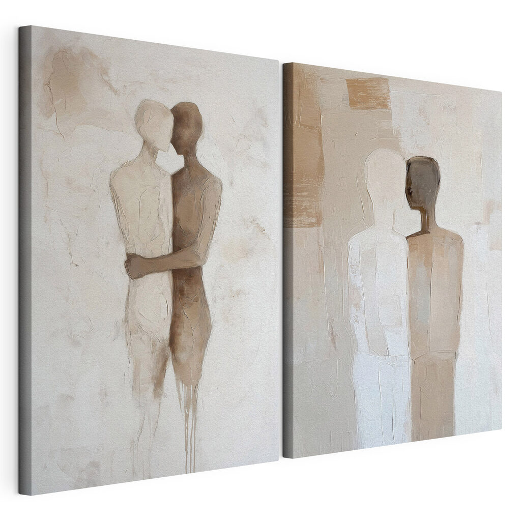 Two paintings of people hugging each other