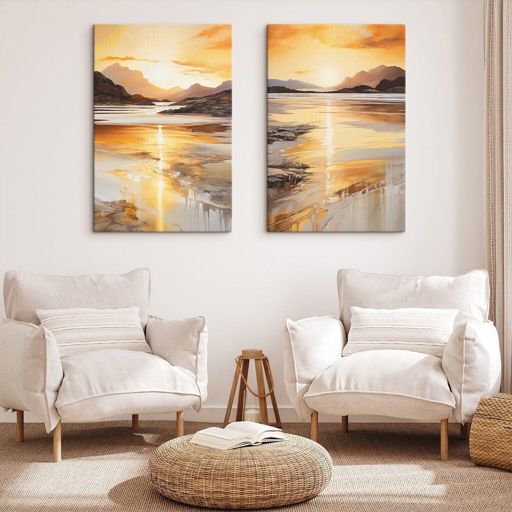 Painting of a beach and mountains