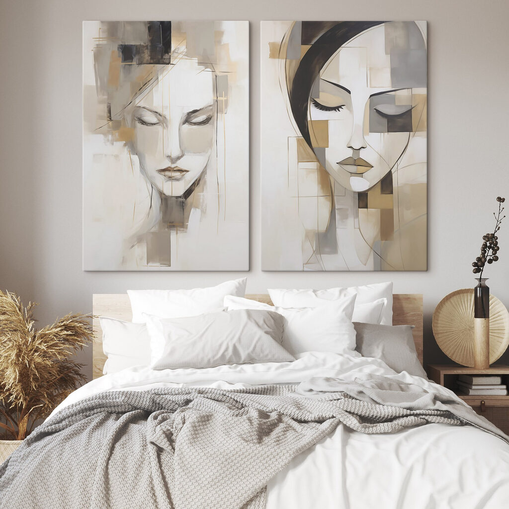 Two paintings of women's faces