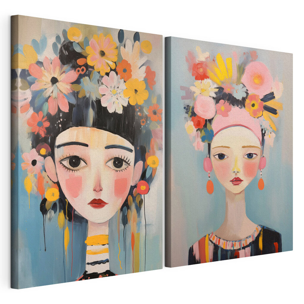 Two paintings of a woman with flowers