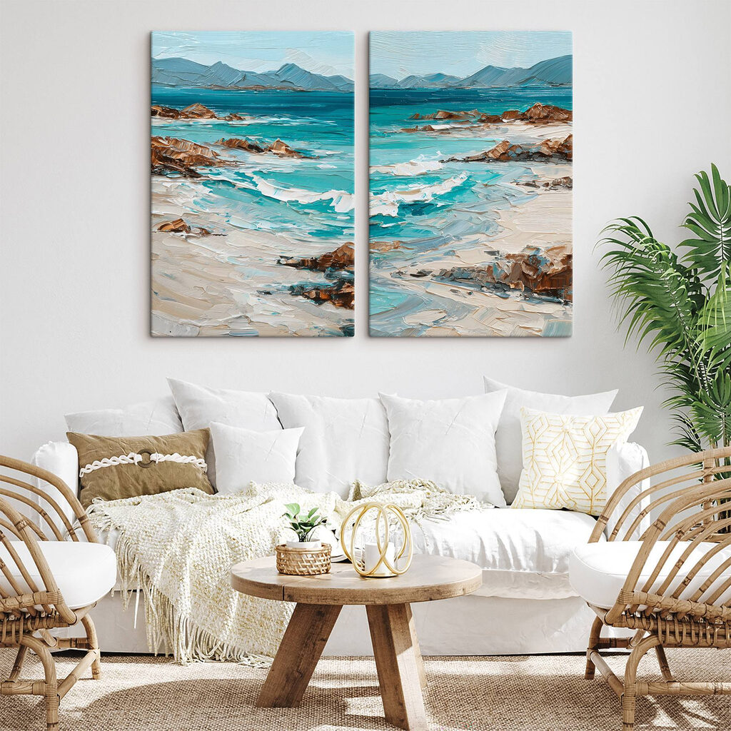 Painting of a beach with waves and rocks