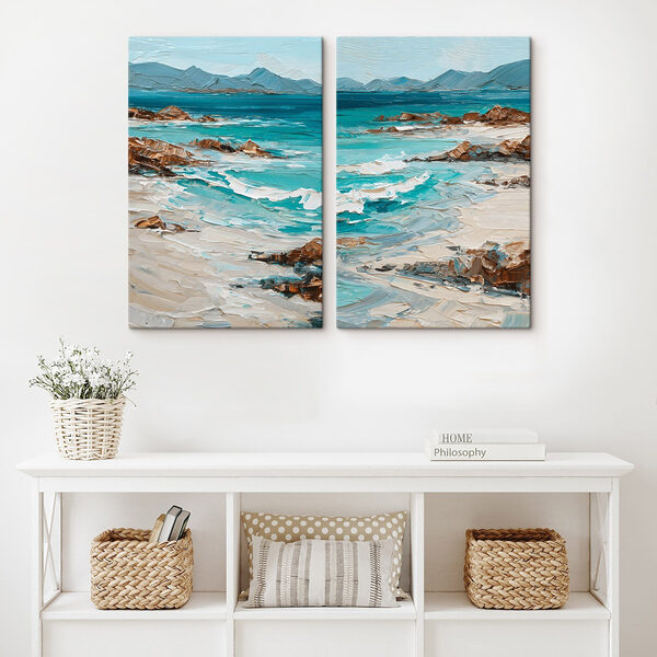 Painting of a beach with waves and rocks