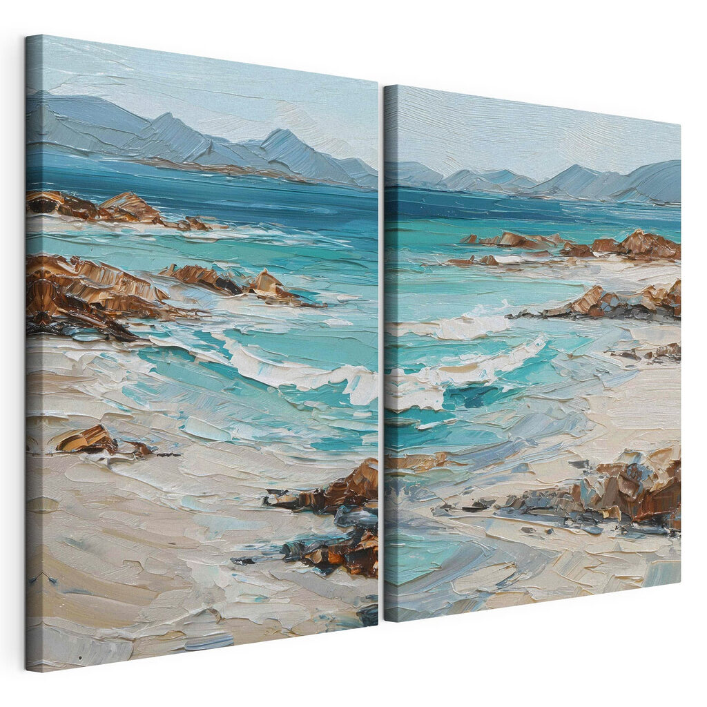 Painting of a beach with waves and rocks