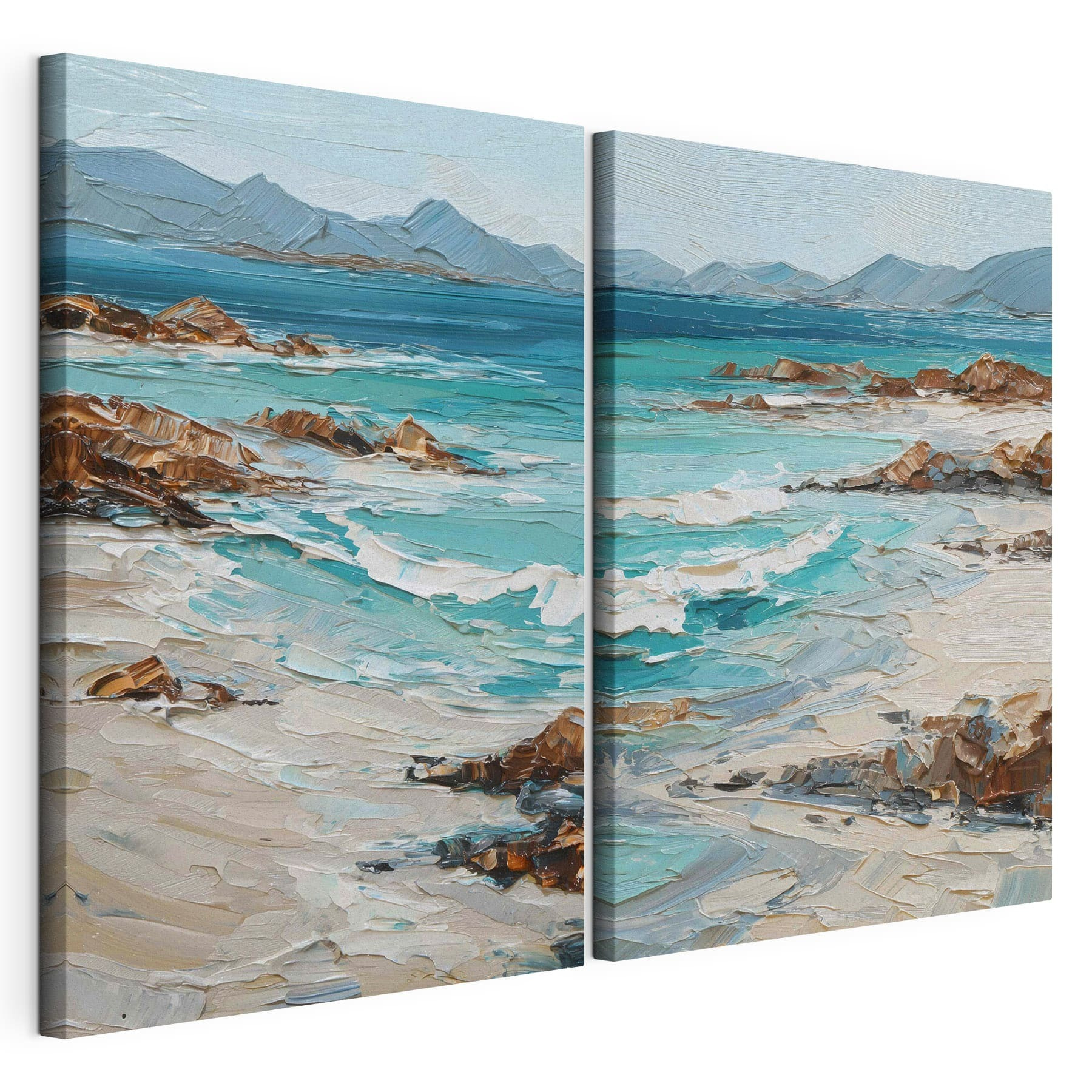 Painting of a beach with waves and rocks