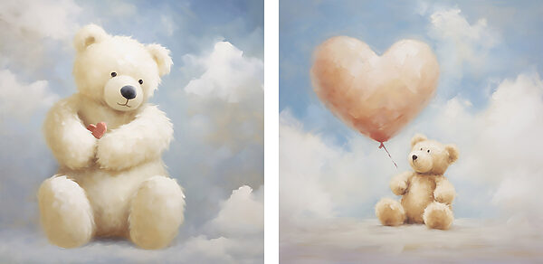 Two pictures of a teddy bear holding a balloon