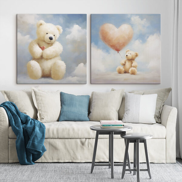 Two pictures of a teddy bear holding a balloon