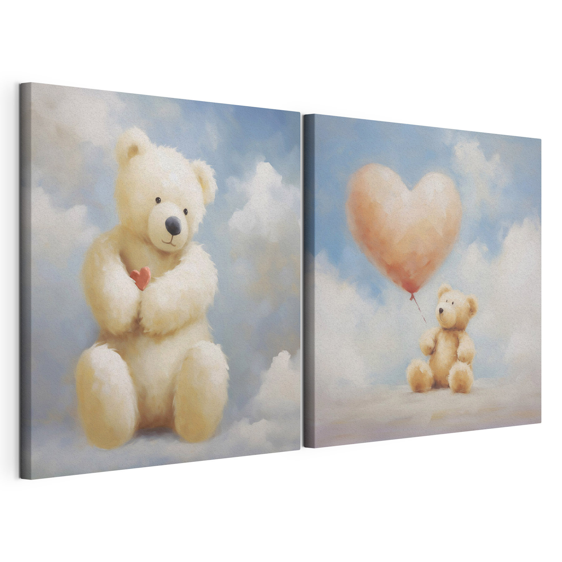 Two pictures of a teddy bear holding a balloon