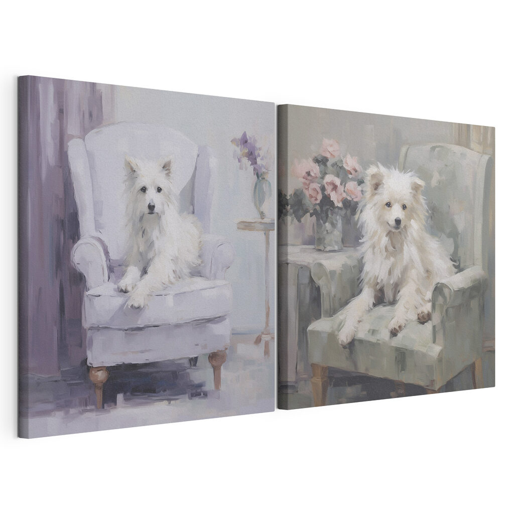 Painting of a dog sitting on a chair