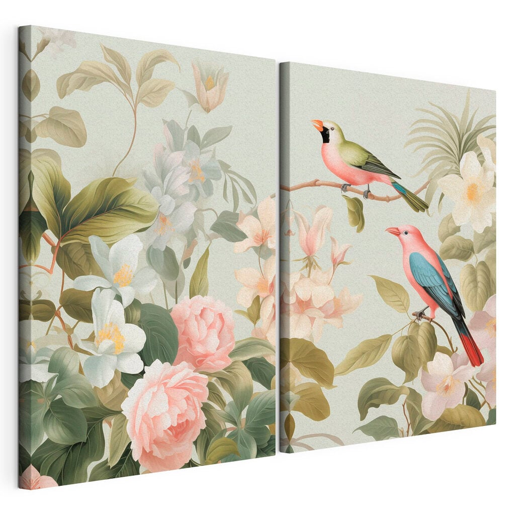 Couple of birds on a branch with flowers