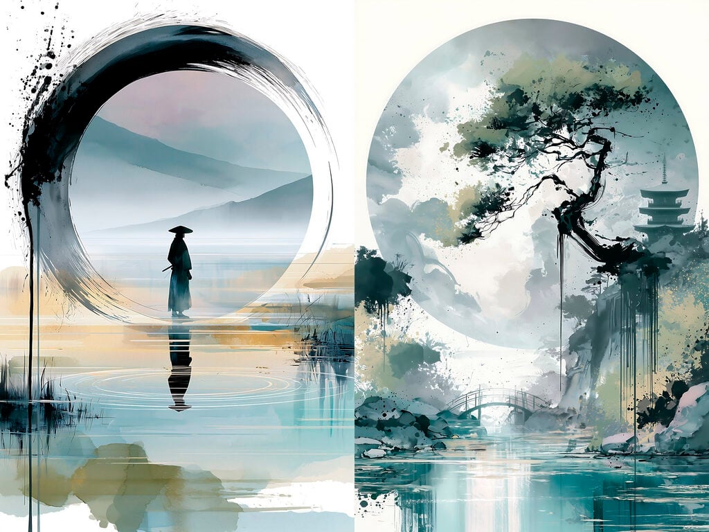 Painting of a man standing in water and a tree